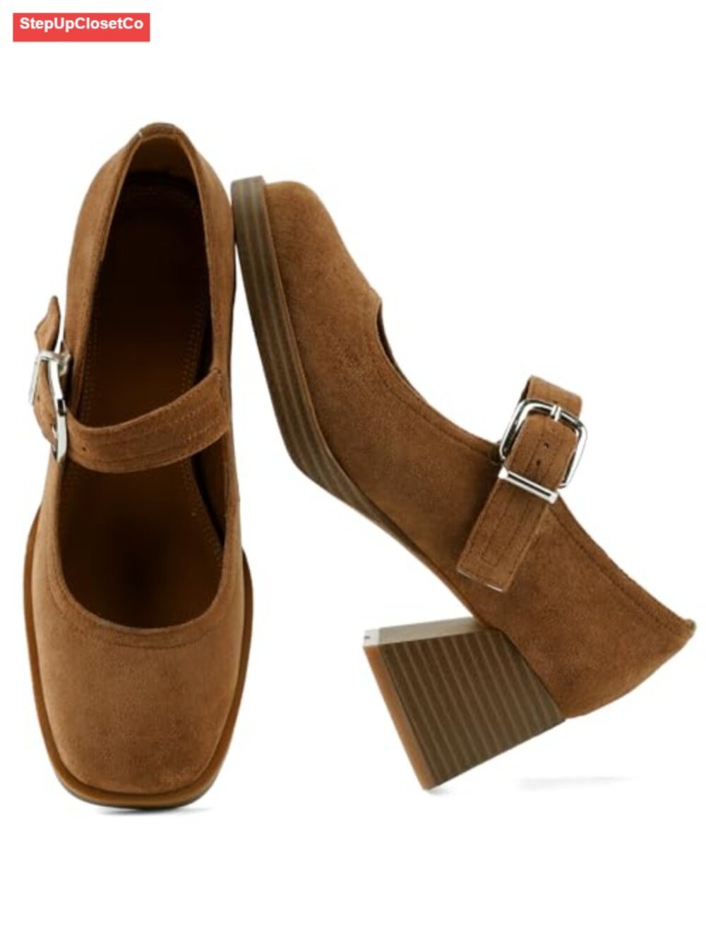 Mary Jane Heels Square Toe Buckle Strap Low Chunky Block Heel Faux Leather